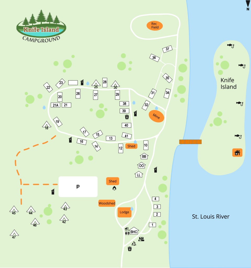 Map of Knife Island Campground showing campsites, lodge, rec field, mine, sheds, parking area, and access to Knife Island on the St. Louis River